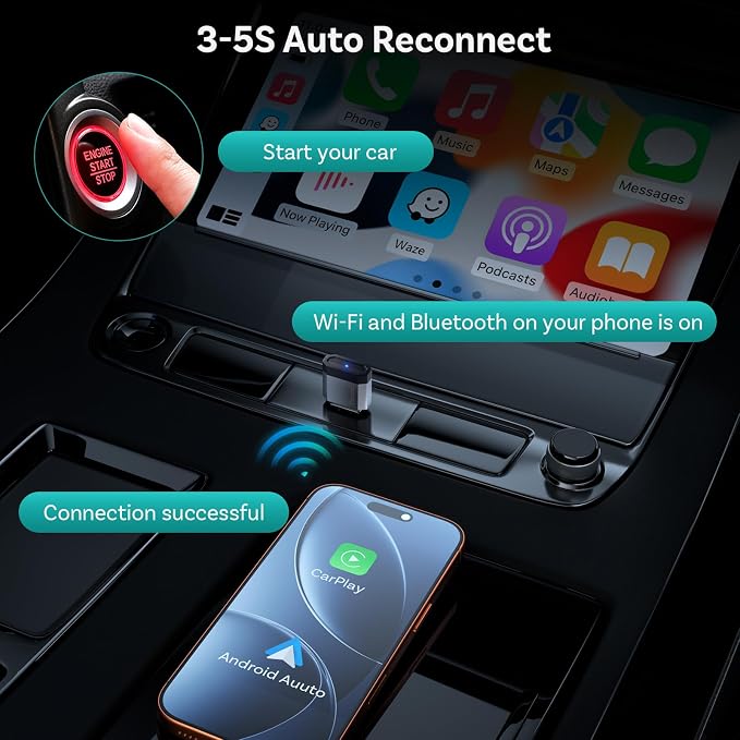 OTTOCAST Mini Nova 2-in-1 Wireless CarPlay & Android Auto Adapter, Plug & Play Convert Wired to Wireless, Fast Auto Connect, Mini USB Design, Compatible with iOS 10+ & Android 11+