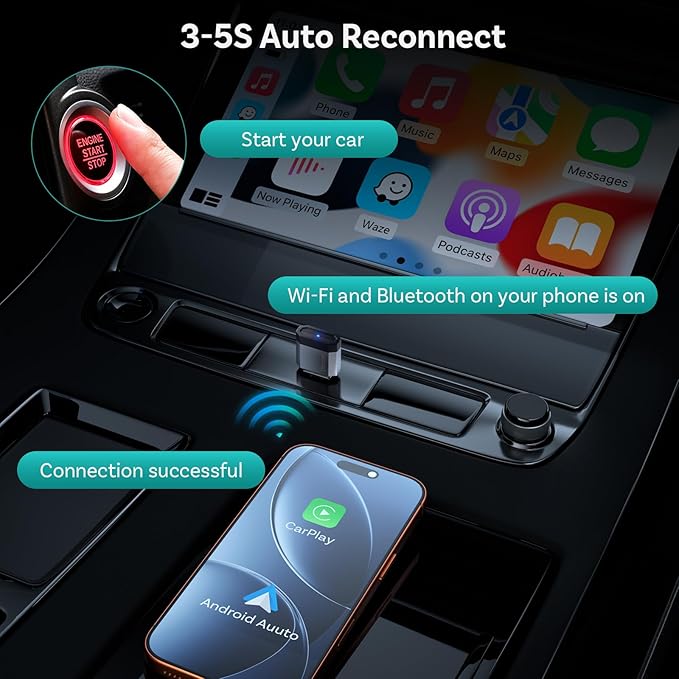 OTTOCAST Mini Nova Wireless CarPlay & Android Auto Adapter, 2-in-1 Convert Wired to Wireless, Plug & Play, Fast Auto Reconnect, Compact Mini Design for iPhone iOS 10+ & Android 11+