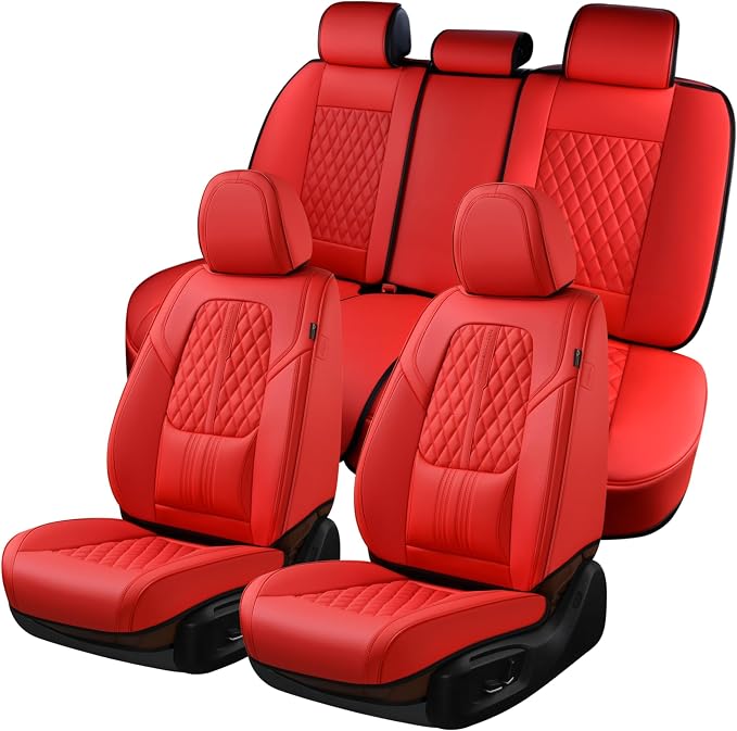 Coverado Car Seat Covers Full Set, Automotive Front and Rear Seat Covers with Backrest, Nappa Leather Car Seat Protectors Waterproof, Universal for Most Vehicles, Red