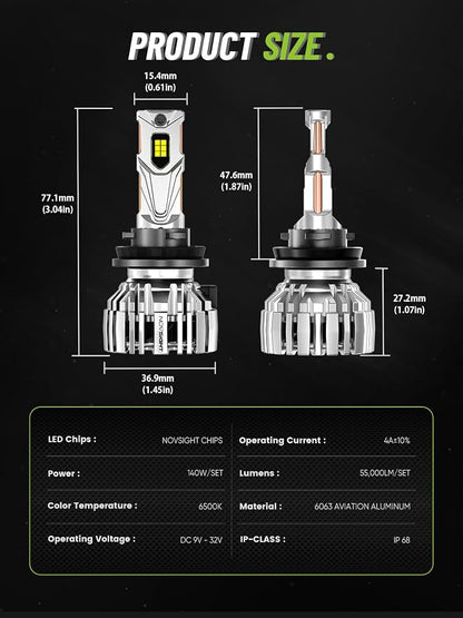 NOVSIGHT H11 LED Fog Lights Bulbs - 55000 Lumens,100000 Hours Lifespan,6500K Cool White Light,Efficent Cooling System, Pack of 2