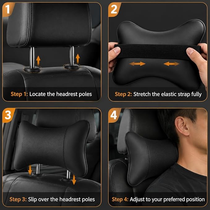 Car Pillow for Car Neck Pillow for Driving Seat Leather Neck Support Soft Cushion Support Head-Rests for Vehicle Sleeping with Elastic Adjustment Strap 2PCS (Neck, Cognac)