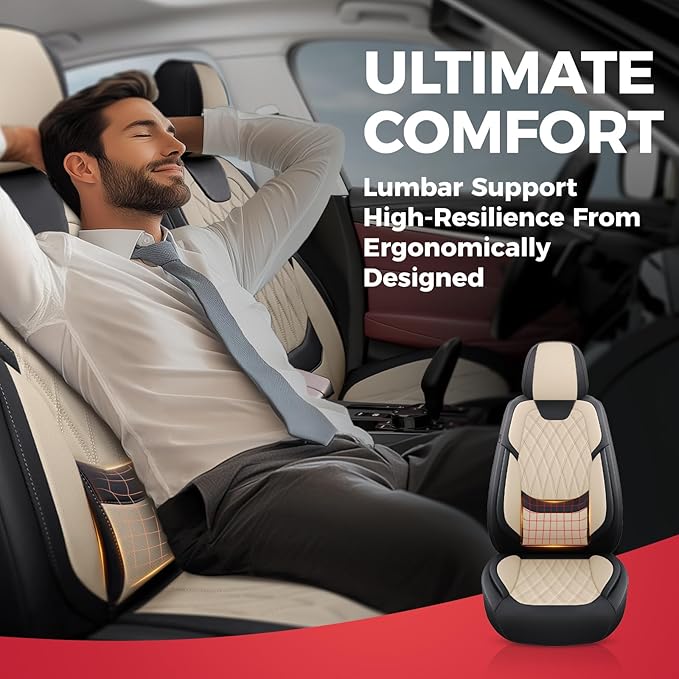 FREESOO Front Car Seat Covers - Luxury Breathable Waterproof Faux Leather Car Seat Cushion Protectors with Lumbar Support, Universal Fit for Most 5 Seats Vehicles Sedans Hatchbacks Trucks, Black Beige