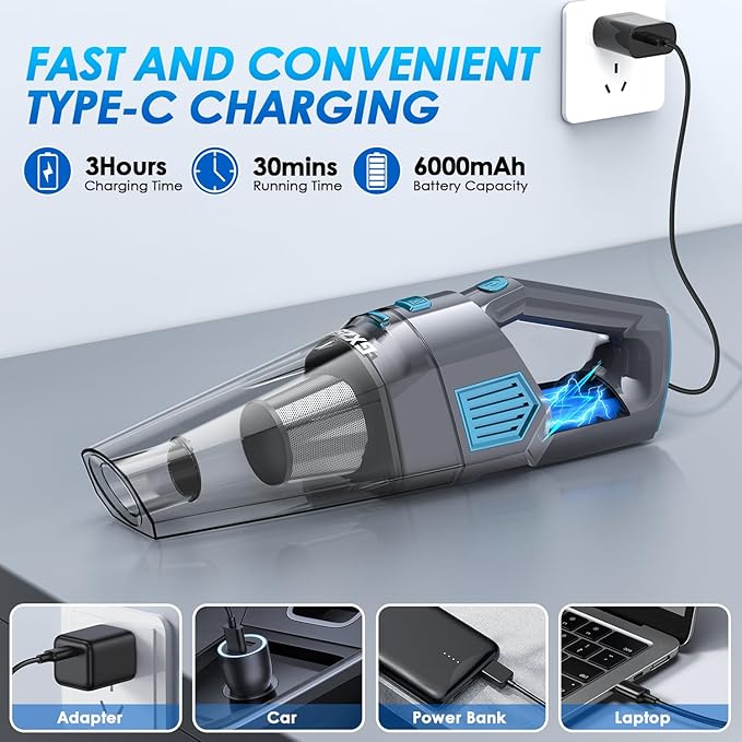 Gxzsk Handheld Vacuum Cordless, 15000PA Strong Suction Hand Held Car Vacuum Cleaner Rechargeable, Portable Hand Vacuum with Multi-Nozzles & Washable Filter for Home Office, Car, Pets