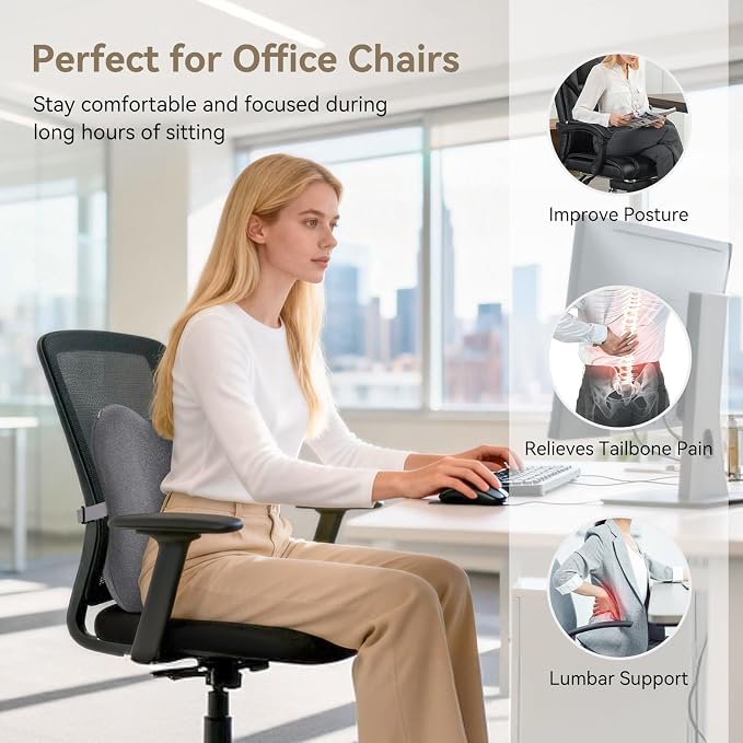 Dense Lumbar Support Pillow for Office Chair, Ergonomic Memory Foam Back Support Pillow for Lower Back Pain Relief, Lumbar Cushion for Chair, Car Seat, Gaming Chair, Adjustable Straps, Grey