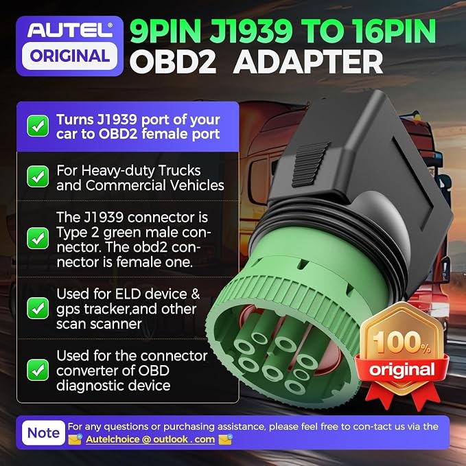 Autel Original Type 2 Green 9pin J1939 to 16pin OBD2 Female Adapter, Male to J1962 OBDII Connector, Work for Heavy Duty Trucks, Used for ELD Device & GPS Tracker & Truck Scanner