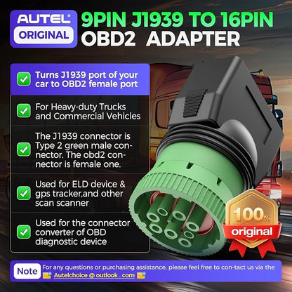 Autel Original Type 2 Green 9pin J1939 to 16pin OBD2 Female Adapter, Male to J1962 OBDII Connector, Work for Heavy Duty Trucks, Used for ELD Device & GPS Tracker & Truck Scanner