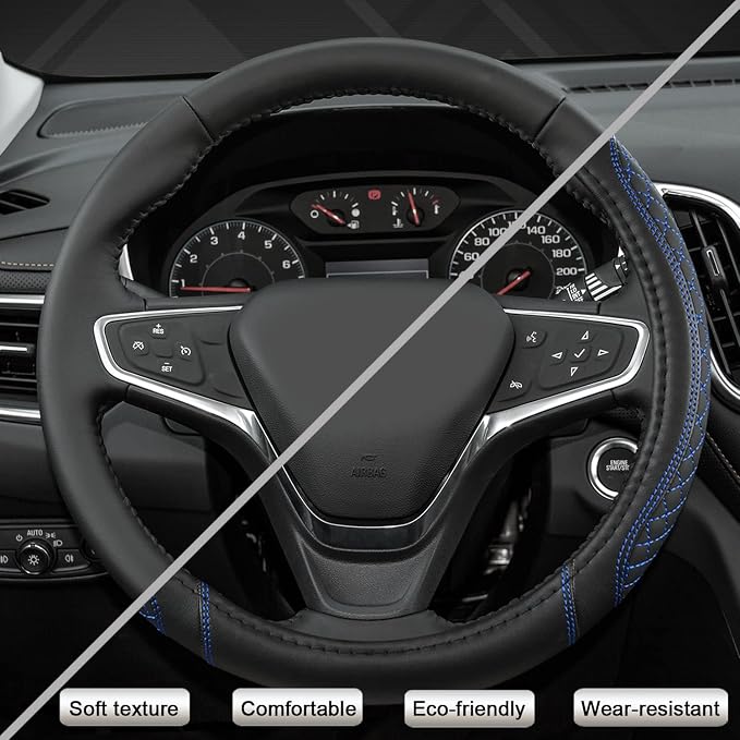 West Llama Customized Auto Car Steering Wheel Cover for Chevy Silverado,Tahoe,Equinox,Traverse,Trailblazer,Colorado (Diamond Quilted-Black+Blue-Standard Size)