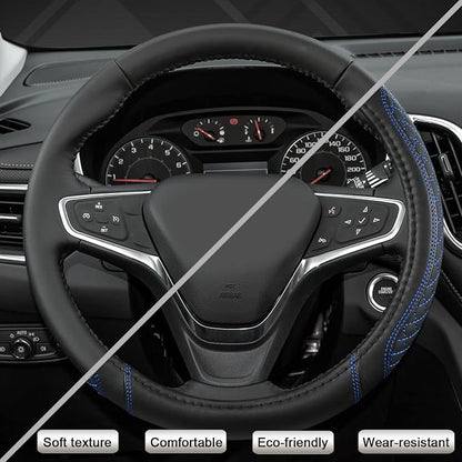 West Llama Customized Auto Car Steering Wheel Cover for Chevy Silverado,Tahoe,Equinox,Traverse,Trailblazer,Colorado (Diamond Quilted-Black+Blue-Standard Size)