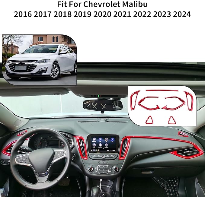 Car Center Console Air Conditioning Air Vent Outlet Trim Cover Kit for Chevrolet Chevy Malibu 2016-2024, ABS Dashboard Side A/C Vent Frame Panel Protective Cover Interior Decorative Accessories (Red)