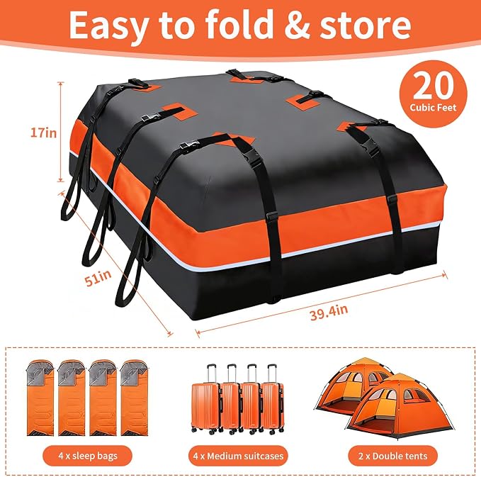 20 CuFt Car Rooftop Cargo Carrier Bag, 100% Waterproof Heavy Duty Car Roof Top Carrier for All Vehicles with/Without Racks, Includes Anti-Slip Mat, 10 Reinforced Straps, Lock & 6 Door Hooks