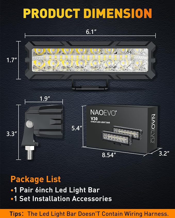 NAOEVO 6 Inch LED Light Bar, 50W 4000LM LED Fog Lights, Spot & Flood Combo for Trucks, Cars, Boat, ATV, UTV, 2 Pcs (White)