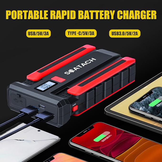 Scatach Jump Starter 5000A, 12V Car Battery Jump Starter Battery Pack (up to 10.0L Gasoline and 8.0L Diesel Engine), Portable Jump Box with Jumper Cable, LED Display, Flashlight