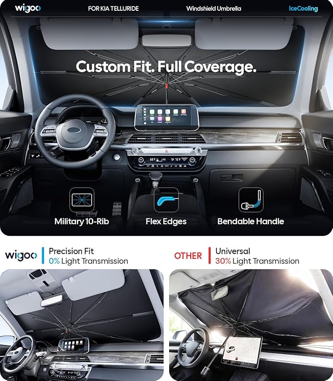 Wigoo Windshield Sun Shade Umbrella for Kia Telluride 2020-2026 [100% Sun Blockage, Ice Cooling Fabric] Foldable Heat Insulation Front Window Sunshade Umbrella for Kia Telluride 2020-2026