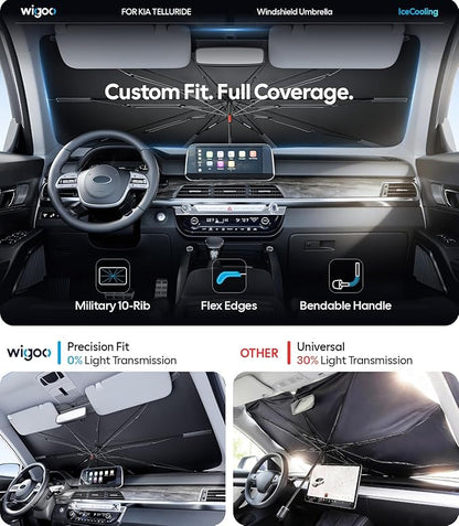 Wigoo Windshield Sun Shade Umbrella for Kia Telluride 2020-2026 [100% Sun Blockage, Ice Cooling Fabric] Foldable Heat Insulation Front Window Sunshade Umbrella for Kia Telluride 2020-2026
