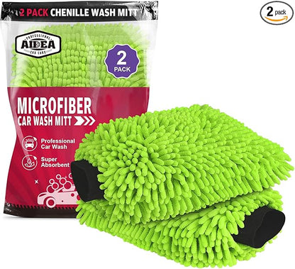 AIDEA Car Wash Mitt Microfiber, 2PK Scratch Free Lint-Free, Premium Chenille Microfiber Mitt Car Wash Brush, Green, Regular Size 7.12''X10.14''