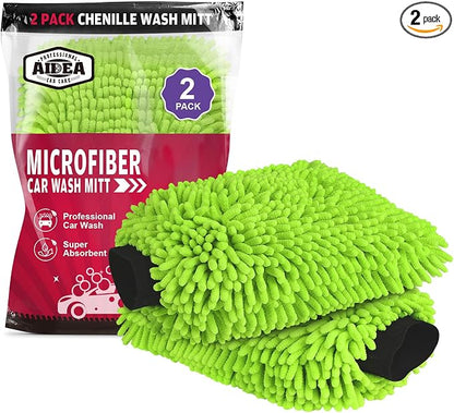 AIDEA Car Wash Mitt Microfiber, 2PK-Scratch-Free& Lint-Free, Premium Chenille Microfiber Wash Mitt-Green Extra Large Size (8''X12'')