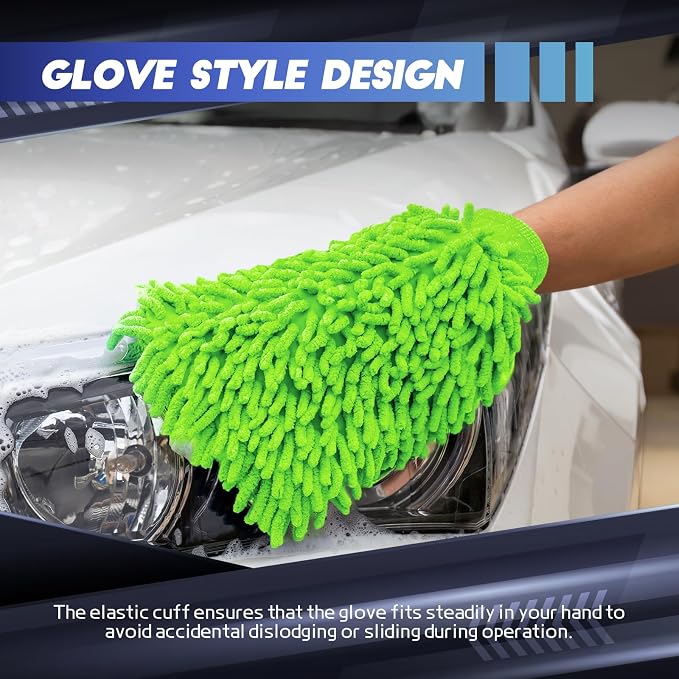 Wuyaoyao 2PCS Car Wash Mitt, 10.14"×7.12" Chenille Microfiber Car Wash Mitts, Scratch-Free & Lint-Free, Absorbent Double Sided Clean Glove for Cars Cleaning, Auto Cleaning Supplies (Fluorescent Green)