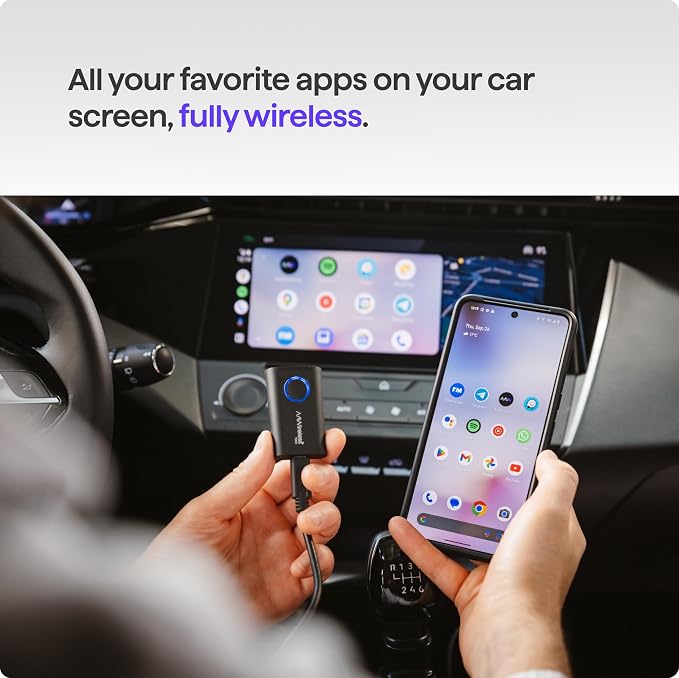 AAWireless TWO+ Compatible with Android Auto & Apple Carplay 2-in-1 Wireless Adapter | Wireless Connection via Bluetooth & WiFi | iPhone X+ & Android 11+ | Multifunctional Button | Made in Europe