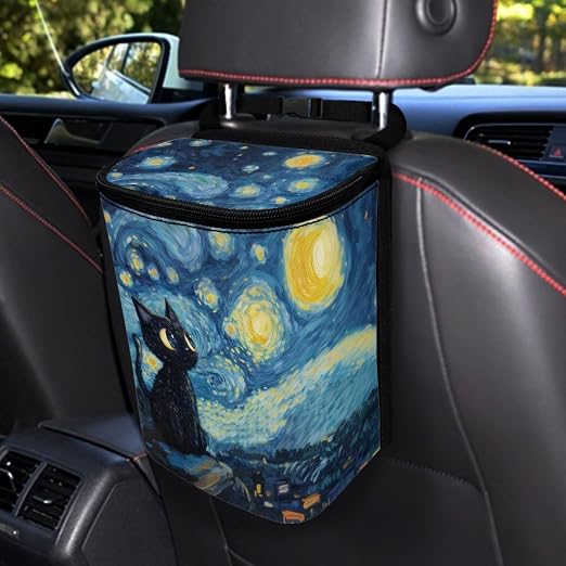 Talayituse Cat Starry Night Print Car Trash Can with Lid, Leak Proof Auto Trash Bag Hanging Vehicle Garbage Can Multipurpose Storage Container for Back Seat Road Trip