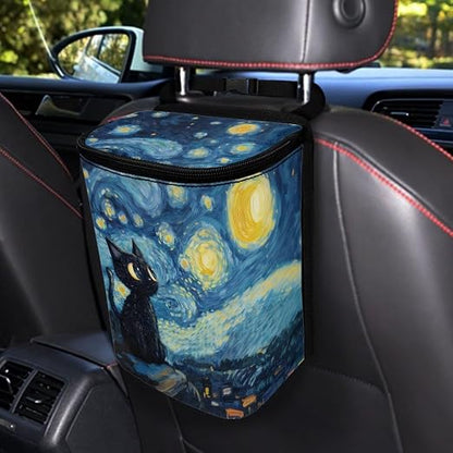 Talayituse Cat Starry Night Print Car Trash Can with Lid, Leak Proof Auto Trash Bag Hanging Vehicle Garbage Can Multipurpose Storage Container for Back Seat Road Trip