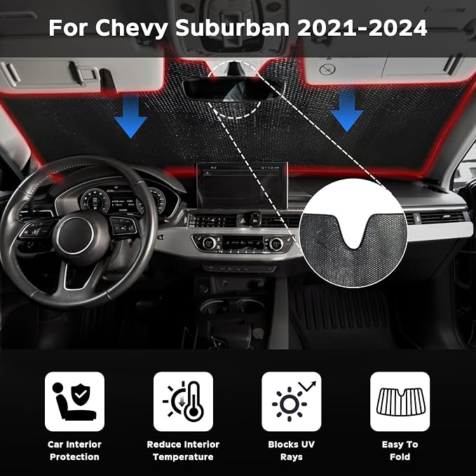 Car Windshield Sun Shade for Chevrolet Suburban 2021-2024 2025 2026, 5-Layer Bubble Foldable Thicken Front Window Sunshade Sun Visor Protection Chevy Accessories - UV Rays & Keep Car Cooler