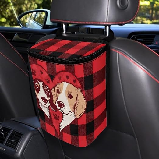 Talayituse Dog Paw Scottish Tartan Print Car Trash Can with Lid, Leak Proof Auto Trash Bag Hanging Vehicle Garbage Can Multipurpose Storage Container for Back Seat Road Trip