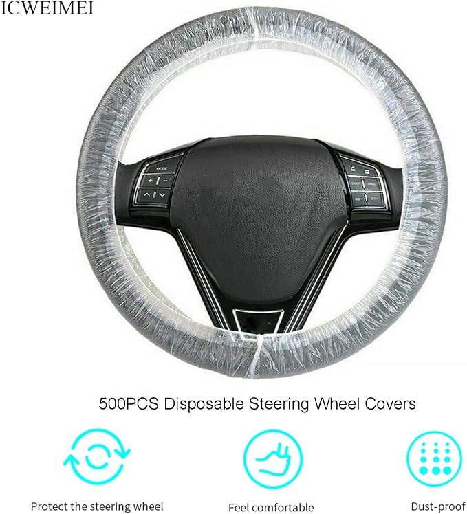 ICWEIMEI 500PCS Universal Disposable Steering Wheel Cover Plastic Transparent Car Steering Wheel Covers with Elastic Trims for Steering Wheels