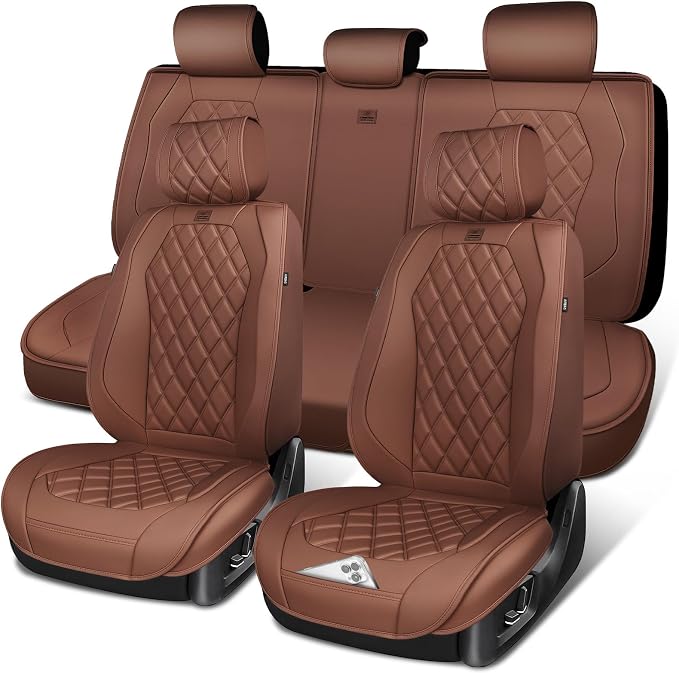 CAR PASS Luxury Nappa Leather Seat Covers Full Set, 3D Rhombus Waterproof Faux Leather Seat Covers, Universal Automotive Seat Cushion Fit for Most Sedan SUV Truck Van, Armrest Airbag Compatible Brown