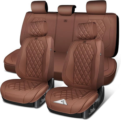 CAR PASS Luxury Nappa Leather Seat Covers Full Set, 3D Rhombus Waterproof Faux Leather Seat Covers, Universal Automotive Seat Cushion Fit for Most Sedan SUV Truck Van, Armrest Airbag Compatible Brown