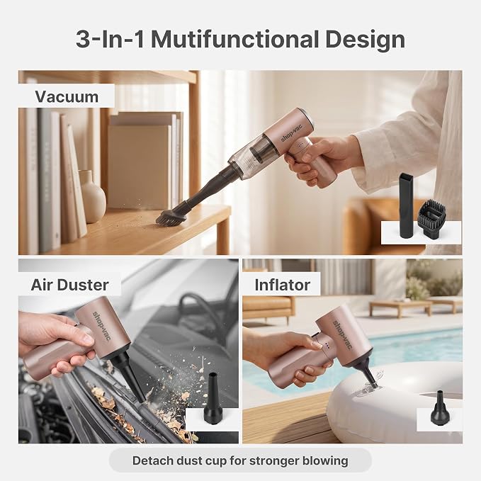 Shop-Vac S4 Handheld Car Vacuum Cleaner Cordless, 16000Pa 3-in-1 Mini Hand Vacuum & Air Duster with Brushless Motor, Multi-Nozzles, Rechargeable, for Car, Office, and Home Detail Cleaning (Champagne)