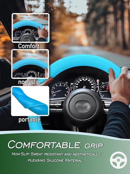 LRITER Car Steering Wheel Cover, Non-Slip Silicone Material, Multiple Color Choices, Universal Auto Parts Steering Wheel Cover, Suitable for Most Cars (Light Blue)