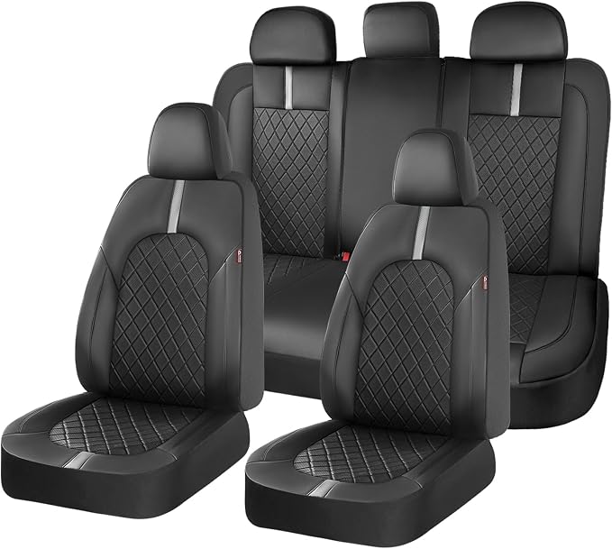 Coverado Car Seat Covers Full Set, Front Seats Back Seat Cover, Leather Seat Covers Non-Slip Seat Protectors Universal Fit for Most Cars (Black-White)