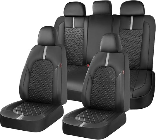 Coverado Car Seat Covers Full Set, Front Seats Back Seat Cover, Leather Seat Covers Non-Slip Seat Protectors Universal Fit for Most Cars (Black-White)