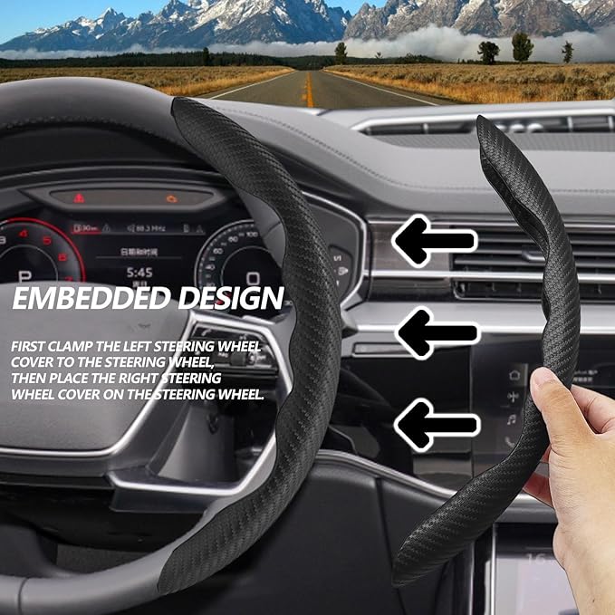 2pcs Universal Fit Carbon Fiber Steering Wheel Cover, Anti-Skid Steering Wheel Cover/Segmented Steering Wheel Protector/Car Interior Accessories (Black)
