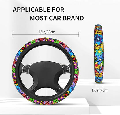 Hippie Flower Steering Wheel Cover Car Accessories Cute for Women Girls Girly Universal 15 Inch Neoprene Auto Interior Decor Anti Slip Car Truck Protector