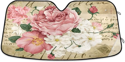 Vintage Shabby Chic Pink Rose Floral Car Windshield Sunshade,Foldable Car Sun Shade for Front Windshield Sunshades Protector Blocks UV Rays Sun Visor Protect and Cool Your Vehicle Interior