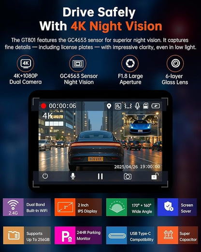 Dash Cam Front and Rear, 4K Ultra HD+1080P Dash Camera for Cars, Built-in Wi-Fi GPS, Included 32GB Card, 2.0'' IPS Screen Mini Car Camera, App, Night Vision, 170°Wide Angle, 24H Parking Mode