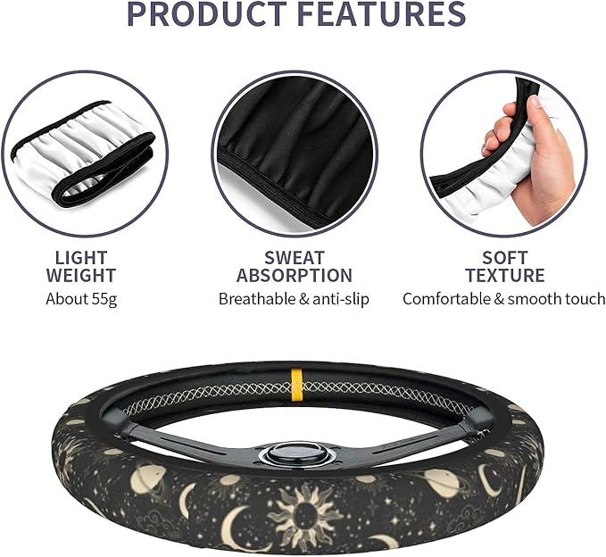 Sun and Moon Steering Wheel Covers Non Slip Neoprene Space Wheel Protector Universal 15 inch for Men Women