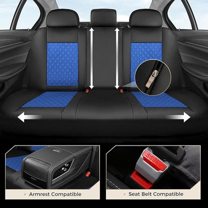 Coverado Seat Covers Full Set, Luxury Diamond Leather Car Seat Cover with Carbon Fiber Textured Design, Waterproof Car Seat Protector, Black&Blue Front and Rear Seat Covers Universal Fit Most Cars