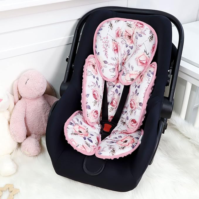 SWESEN Infant Car Seat Insert with 3 Strap Covers Set, Reversible Newborn Baby Car Seat Head Body Support for Girl, Soft 3 in 1 Baby Car Seat Cushion for Strollers, Bouncers, Swing, Pink Floral