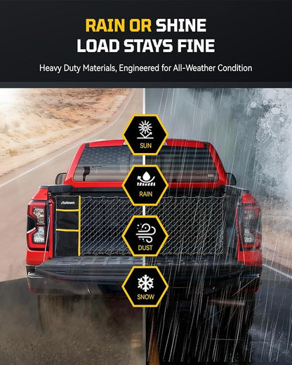 AUTOWN Truck Bed Cargo Net, Envelope Style Bed Netting for 2015+ Ford F150 & 2017+ F250/F350/F450, Pickup Truck Bed Organizer with 5mm Bungee & Integrated Storage Bag & Eyebolts & Carabiners