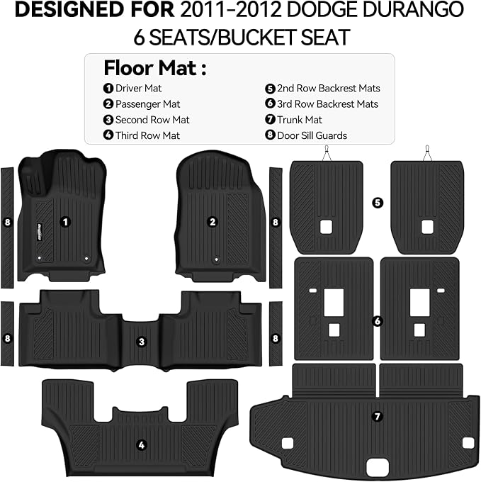 Floor Mats for 2011-2012 Dodge Durango 6 Seats/Captain Seat, Trunk Mat and 2nd/3rd Backrest Mat & Door Sill Guard All Weather TPE Protector for Dodge Durango Accessories