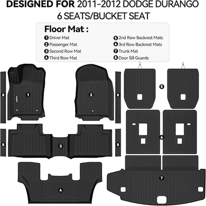 Floor Mats for 2011-2012 Dodge Durango 6 Seats/Captain Seat, Trunk Mat and 2nd/3rd Backrest Mat & Door Sill Guard All Weather TPE Protector for Dodge Durango Accessories