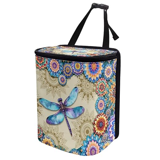 Vibrant Boho Mandala Dragonfly Print Car Trash Can with Lid and Zipper Portable Foldable Garbage Can Hanging for Headrest Leakproof Organizer and Storage Bag Car Accessories