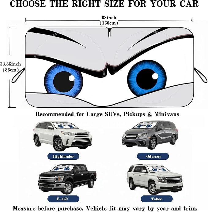 Car Windshield Sun Shade, Funny Eyes Large Foldable Car Sun Shade, Windshield Cover Universal Fits Full-Size Pickup Truck SUV, UV Heat Protection - 63 x 33.86
