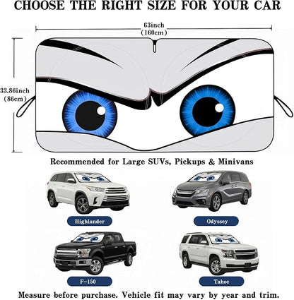 Car Windshield Sun Shade, Funny Eyes Large Foldable Car Sun Shade, Windshield Cover Universal Fits Full-Size Pickup Truck SUV, UV Heat Protection - 63 x 33.86