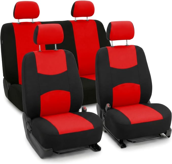 FH Group Bright Flat Cloth Full Set Automotive Seat Covers Front Set and Rear Solid Bench Red Black Seat Covers w. Gift Universal Fit Interior Accessories for Cars Trucks and SUVs