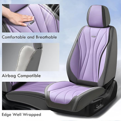 Coverado Seat Covers Full Set, Leather Car Seat Covers, Waterproof Seat Covers for Cars, Front and Back Seat Covers, Car Seat Protectors Car Seat Cushions Universal Fit for Most Cars, Gray&Purple