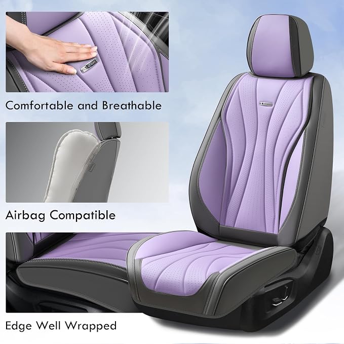 Coverado Front Seat Covers, 2 Pack Leather Seat Cover for Cars, Waterproof Seat Covers, Front Seat Car Seat Protectors, Driver Car Seat Cushions Universal Fit for Most Vehicles, Gray&Purple