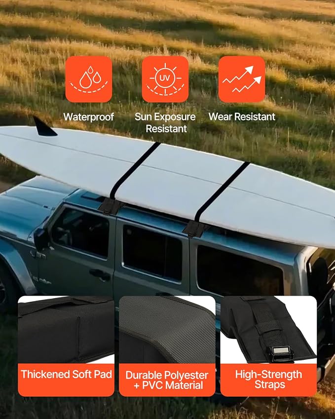 VEVOR Soft Roof Rack Pads, 31.5" Universal Car Roof Rack Pad, 176LBS Load Capacity Surfboard Rack for Car with 4 Tie-Down Straps, 2 Quick Loop Straps & Storage Bag for SUP Canoe Snowboard Paddle Board